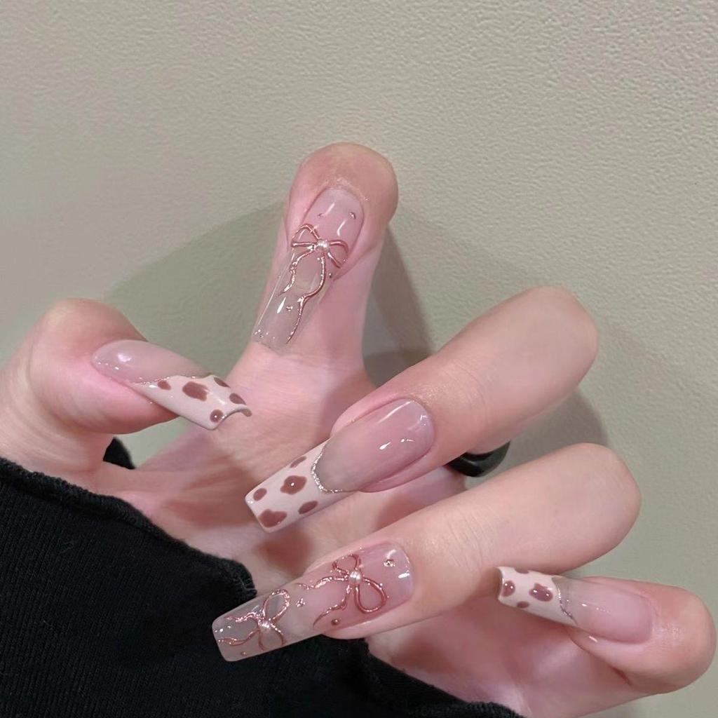 Blush French Cat Eye Princess Bow Nails - Handmade Wearable Nail Art