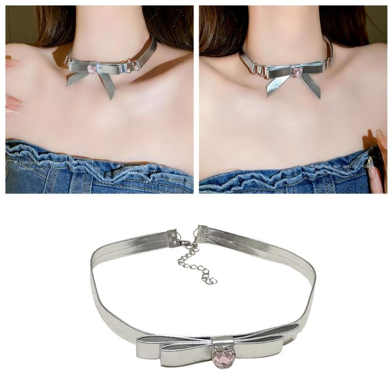 Bowknot Heart Leathers Rope O Style Choker DIY Diamonds Loves Pendant Necklace for Women Punk Aesthetic Y2K Necklace