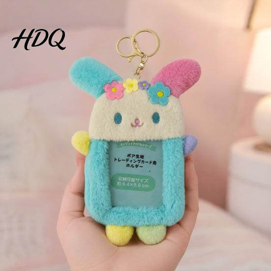 Decorative Bag Charm for Girls Cute Fluffy Rabbit Keychain Plush Card Holder Pendant with Animal Doll Flower Embroidery Kawaii Keys Backpack