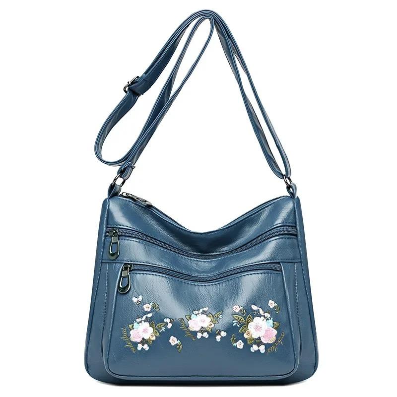 Fashion PU Leather Luxury Multi-pocket Handbags High Quality Women's Bag Flower Embroidery Design Ladies Crossbody Shoulder Bags