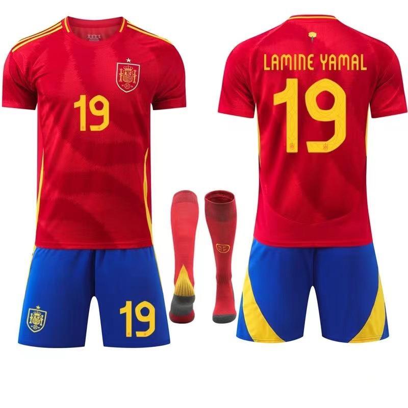 2024 Europeisk Hemma-tröja: Yamal #19 & Rodri #16 Kortärmad Fotbollströja för Barn och Vuxna