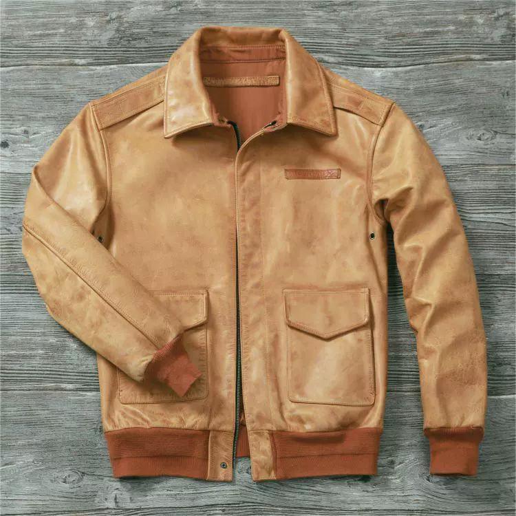 Chinesische Größe Klassische Flug A2 Pilotenjacke Vintage Schmutzig Gelb Ölgewachste Rindsleder Echtes Leder Jacke Männer Fliegerjacken Männer Mäntel