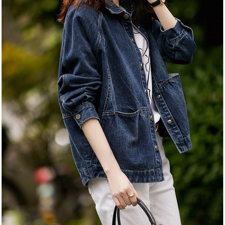 Tiefblaue Jeansjacke Vielseitige Damen Frühling Herbst Lockere Schlankmachende Kurze Jacke,
