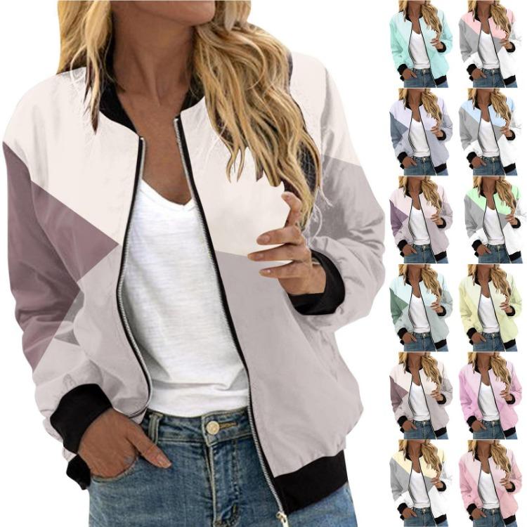 Women Casual Long Sleeve Printed Zip Jacket Fashion Coat With Pockets