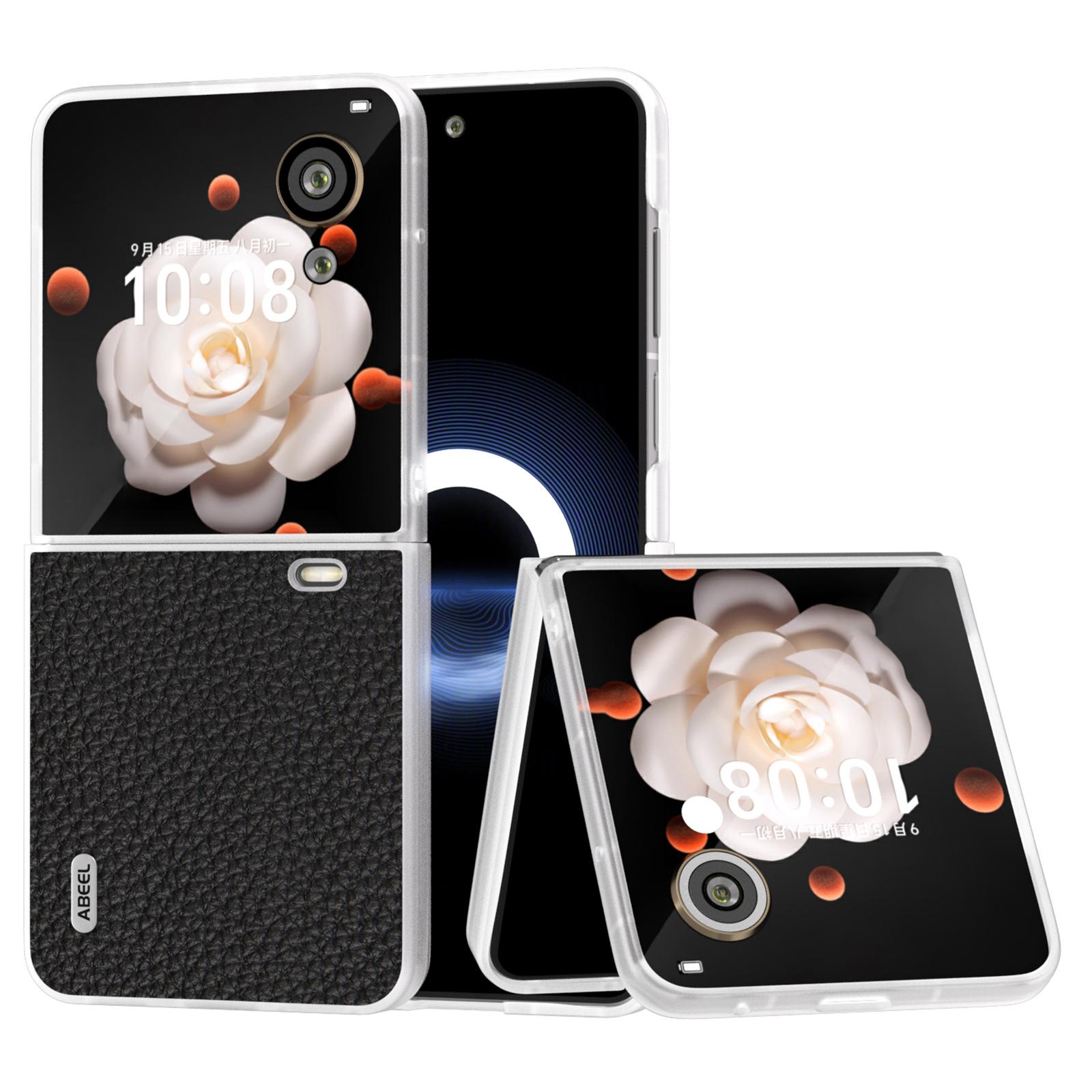 

For Honor Magic V Flip 5G Case Litchi Texture Genuine Cow Leather+PC Phone Cover Matte Edge Black