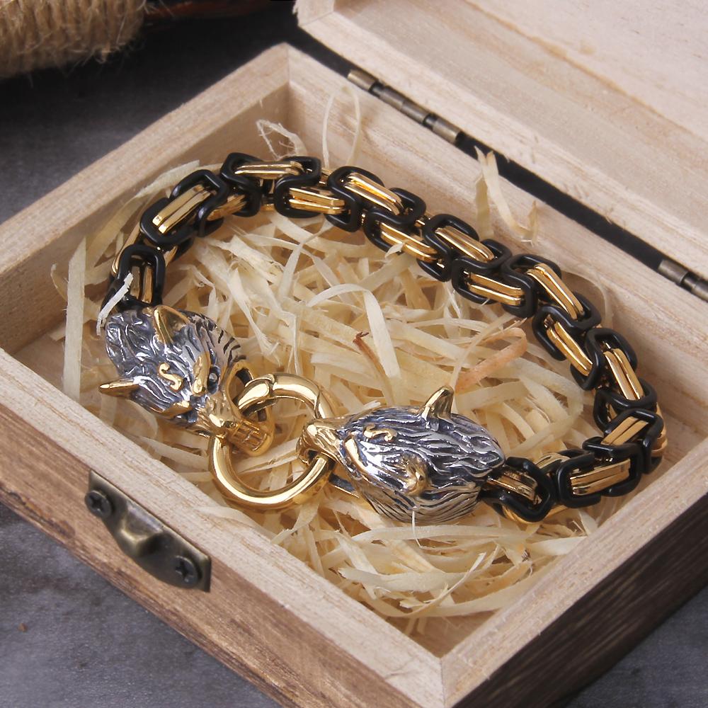 Bracciale con Ciondolo Lupo Vichingo in Acciaio Inossidabile a Maglia Rete, Gioielli Punk Biker da Uomo, Colore Inalterabile