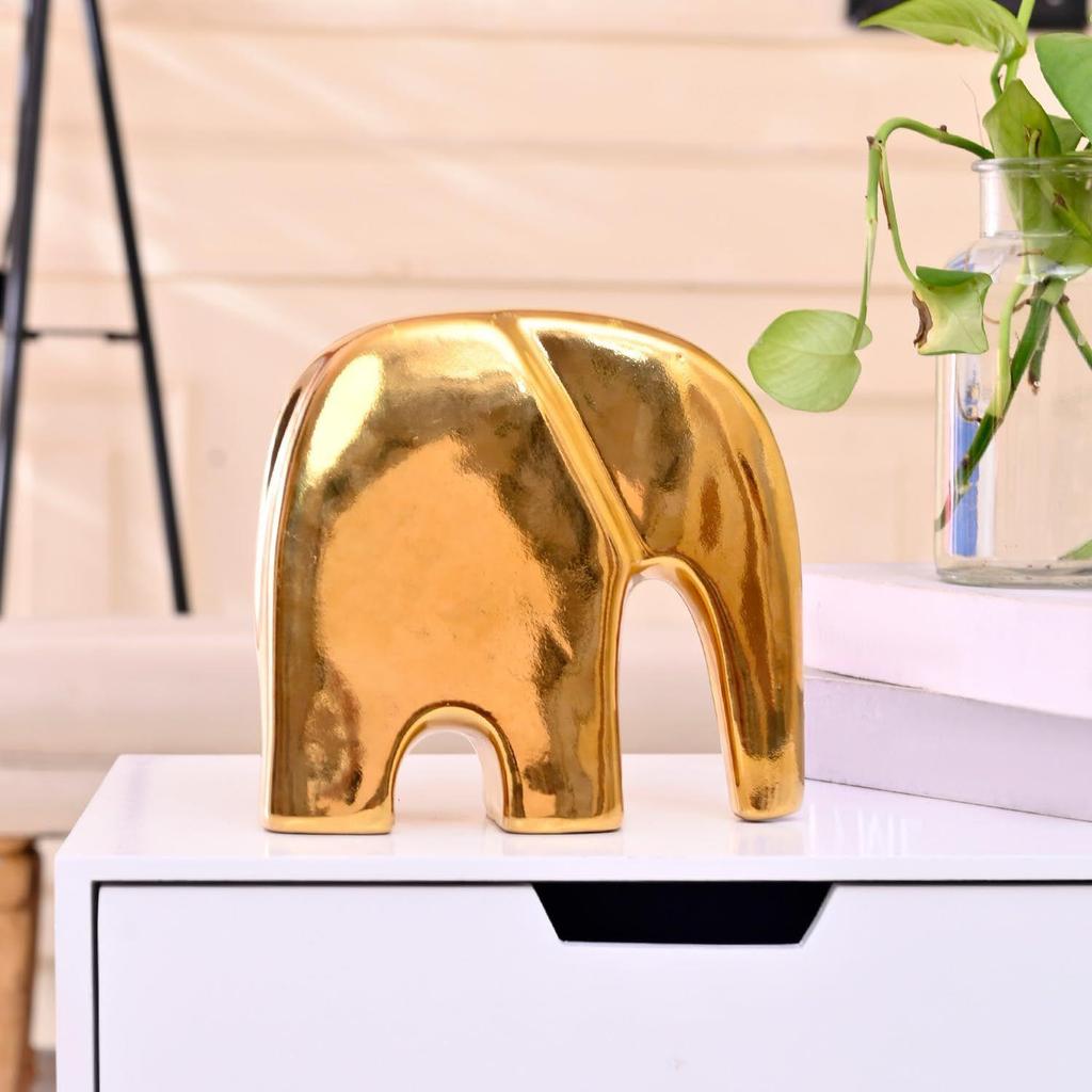Golden Sleek Modern Elephant Ceramic Figurine | Luxury Home Décor Accent | Elegant Statement Piece for Living Room | Pack of 1