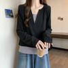 Fake Two Pieces Patchwork Pullovers Female Clothing Casual Long Sleeve Spring Autumn Korean Solid Color All-match V-Neck T-shirt