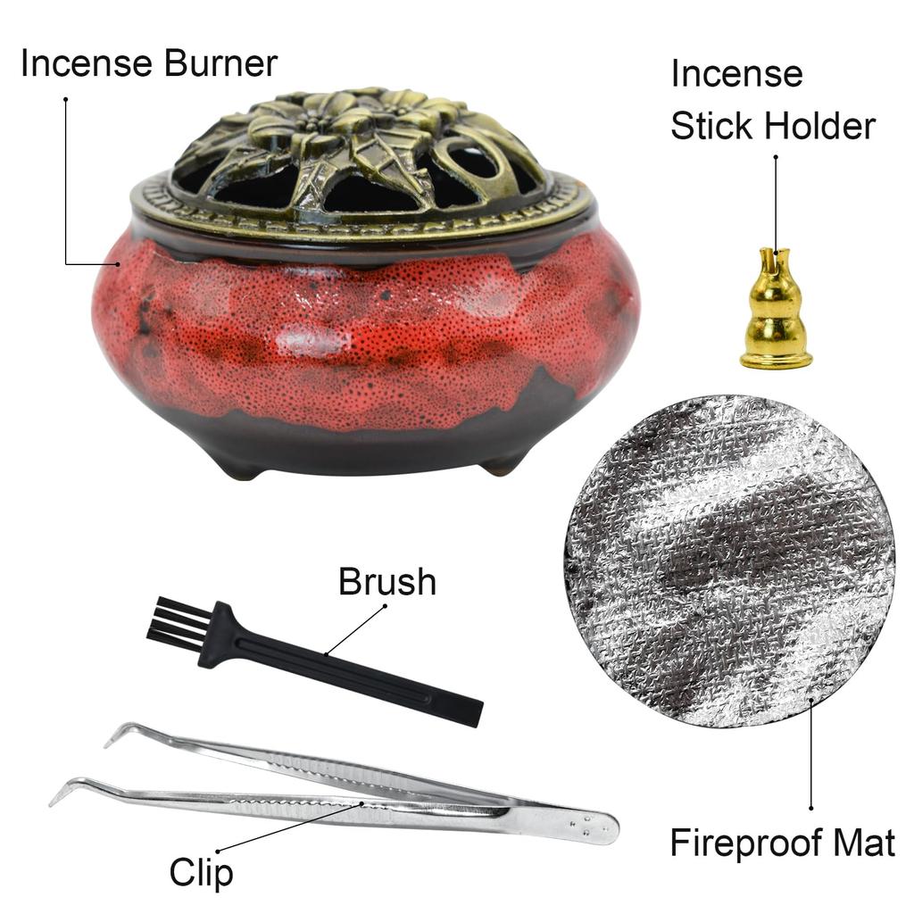 MrMrKura Ceramic 5-Piece Incense Burner and Incense Holder Set with Lid, Gourd-Shaped, Stylish, Flame-Retardant Cotton and Incense Holder, Perfect