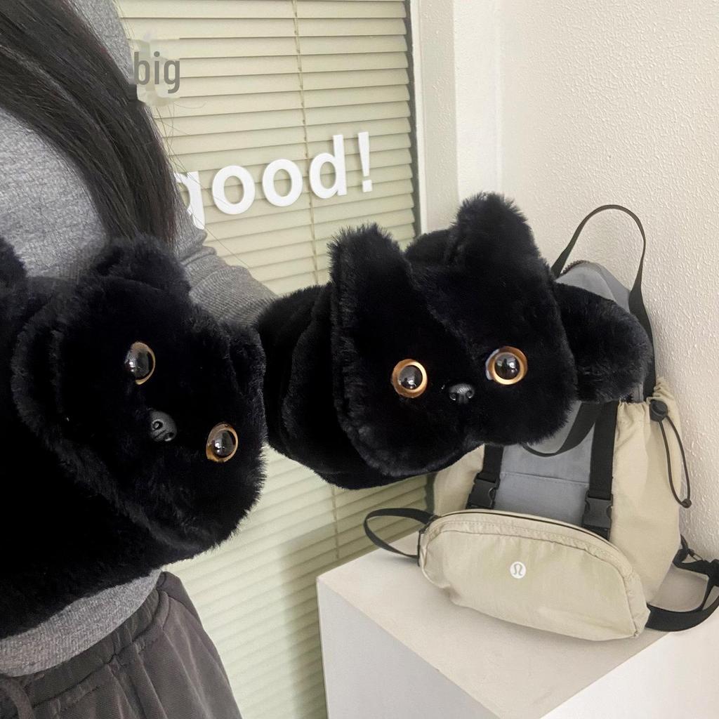 Schwarze Winterhandschuhe aus Plüsch mit Katzenmotiv: Dick, Winddicht, Niedlich, Doppellagig für Studenten, Nackenband-Design