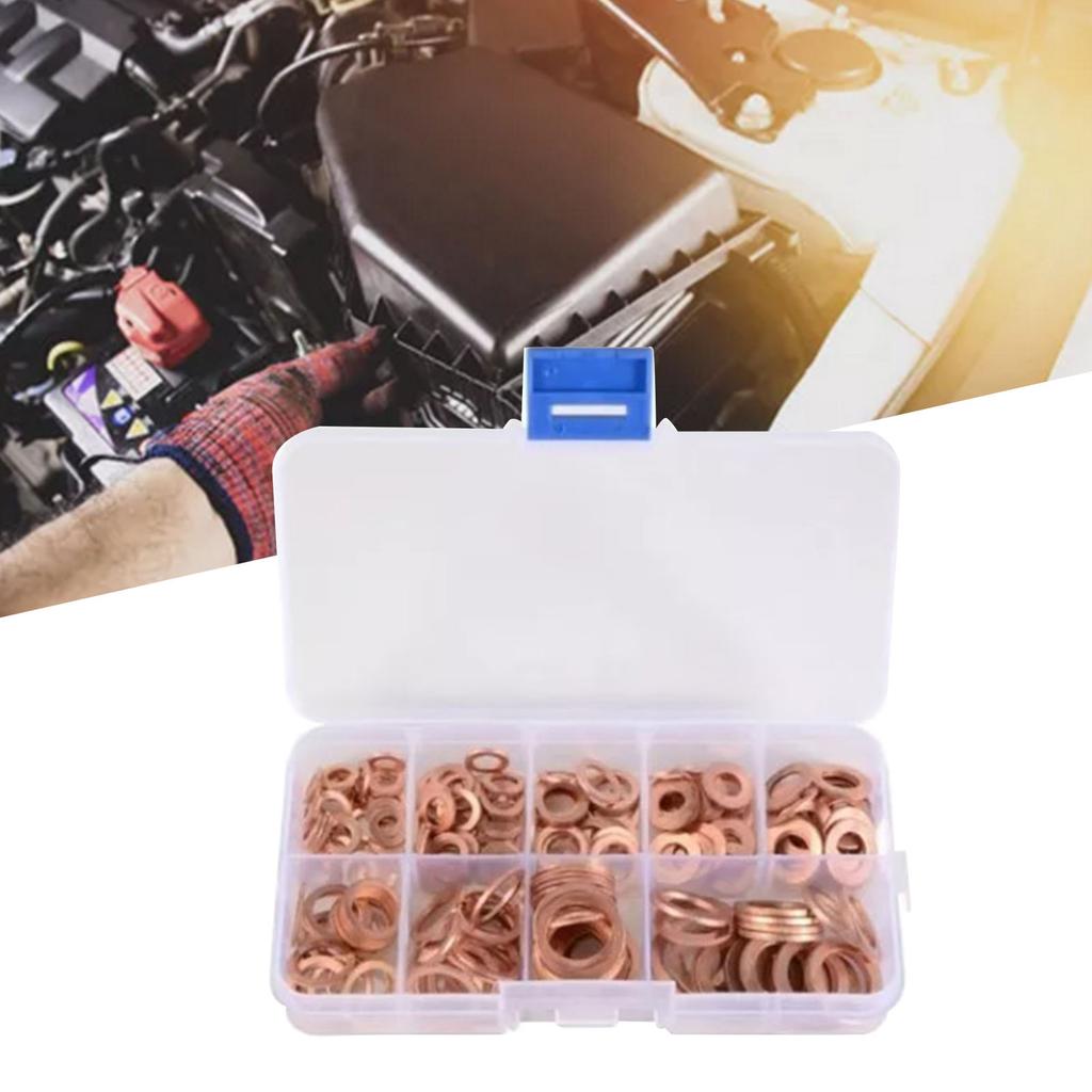 200 Pcs Flat Washers M5 M6 M8 M10 M12 M14 Copper Sealing Rings Gasket Assortment Kit