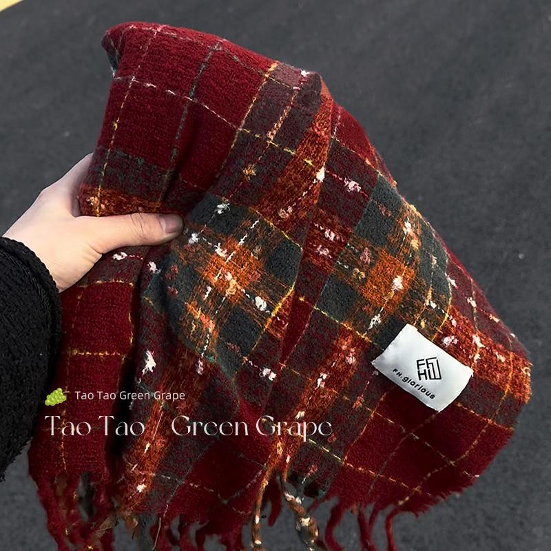 Women s Red Plaid Scarf: Thick Korean Style Winter Shawl for 2025 Christmas & New Year One Size