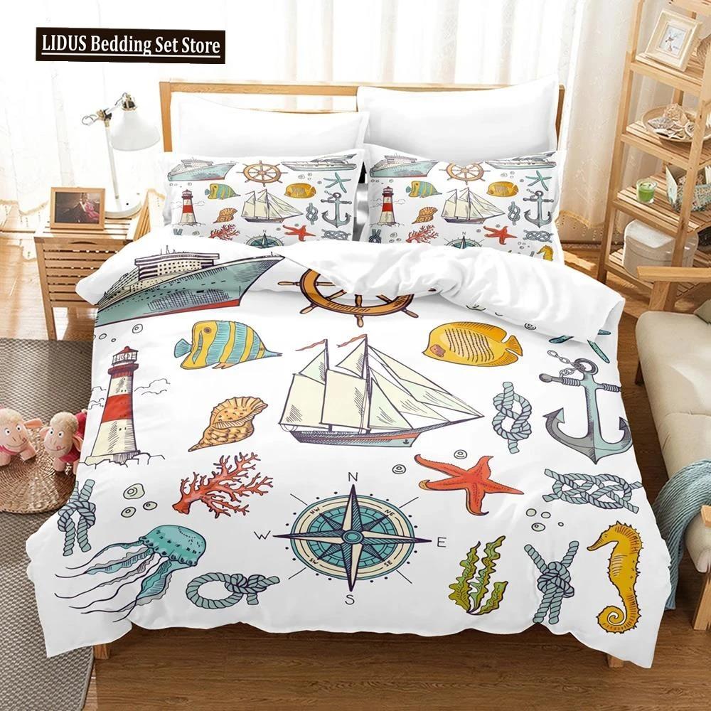 Nautical Bedding Set Ocean Anchor Duvet Cover Sailor Pirate Sea Adventure Bedspread For Kids Boys Navy Blue