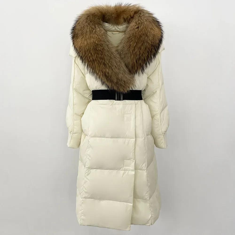 OFTBUY Winter Jacket Women Long Natural Real Raccoon Fox Fur Collar White Duck Down Coat Belt Thick Warm Casual Outerwear