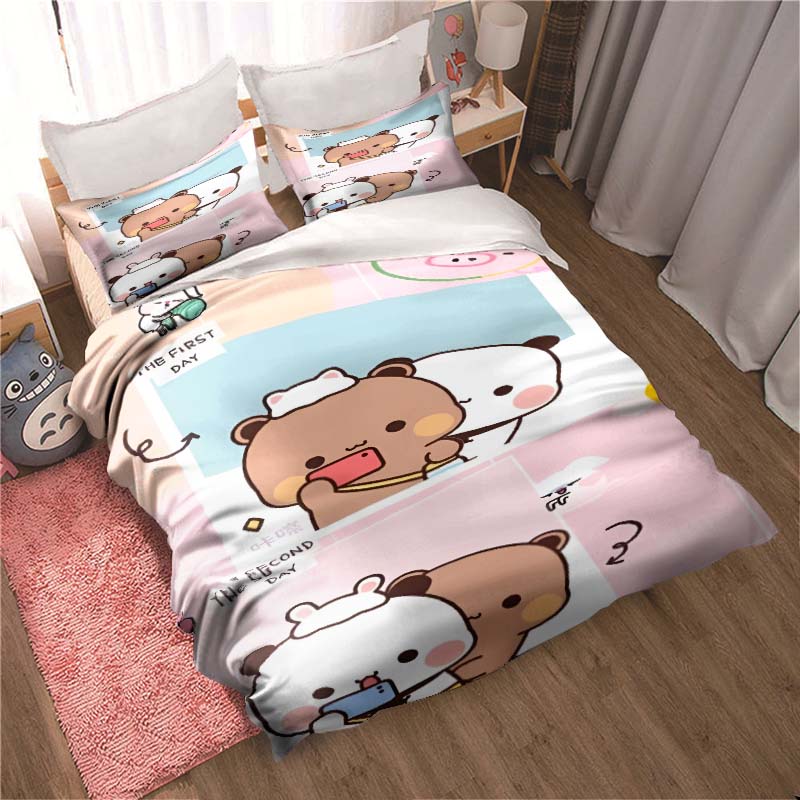 Bubu Dudu Kreslený roztomilý medvídek Kawaii Vánoční dárková sada ložního povlečení Dvojitý King size povlak na přikrývku a povlak na polštář Sada dětských povlaků na přikrývku