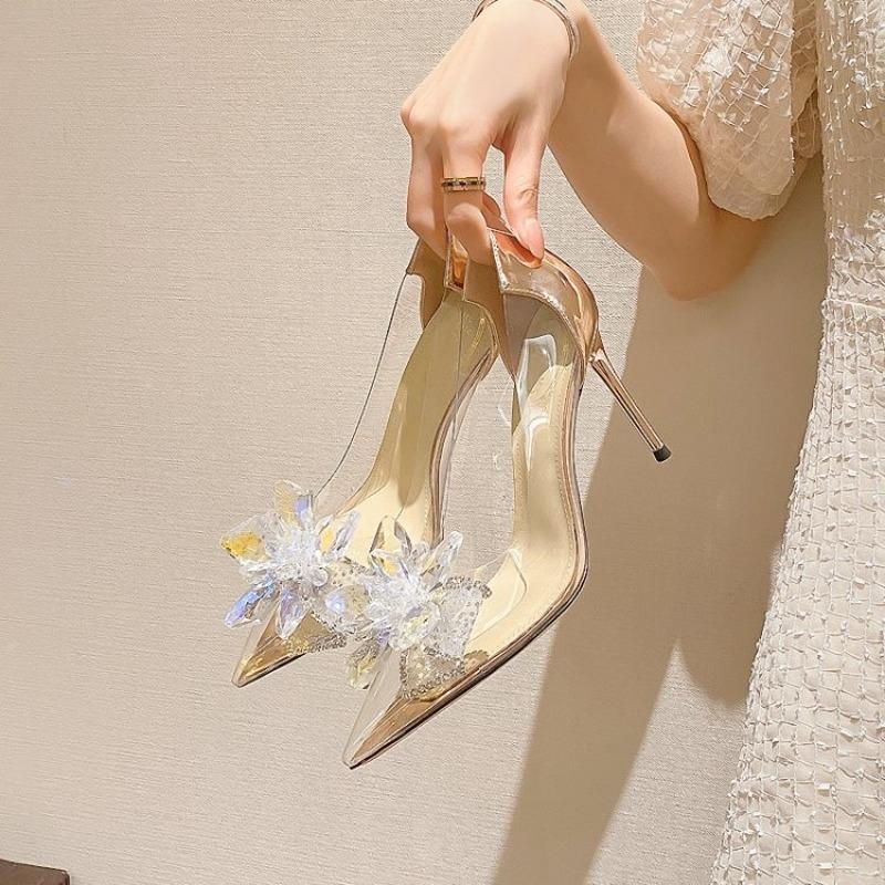 Fashion Temperament high heels Spring new pointy shallow mouth sequin butterfly knot line with waterproof non-slip high heels