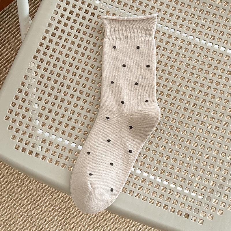 Women's Fall Ballet-Style Polka Dot Mid-Calf Cotton Scrunch Socks with Rolled Edge