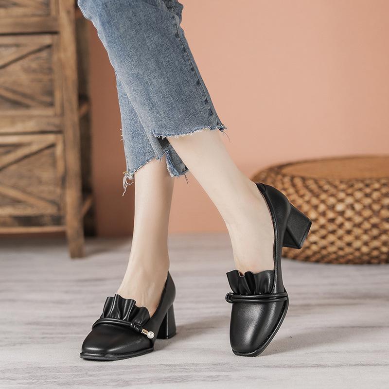 

Кожаные туфли на плоской подошве для женщин Huizhou, виноградные, те же самые, одинарные туфли, черные, корейская версия, новые, весенние, высокие каблуки, женские 34 чёрный