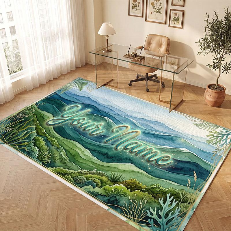Mountain Landscape Theme Crystal Velvet Floor Rug Personalized Custom Name Text Warm Carpet Home Decoration