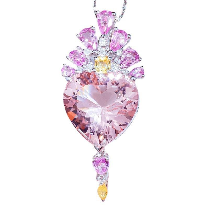 The Blogger Has The Same Heart-Shaped Morganite Ring Pendant For Women, Bright And Light Luxury, Full Of Diamond Powder Heart Necklace, Colorful