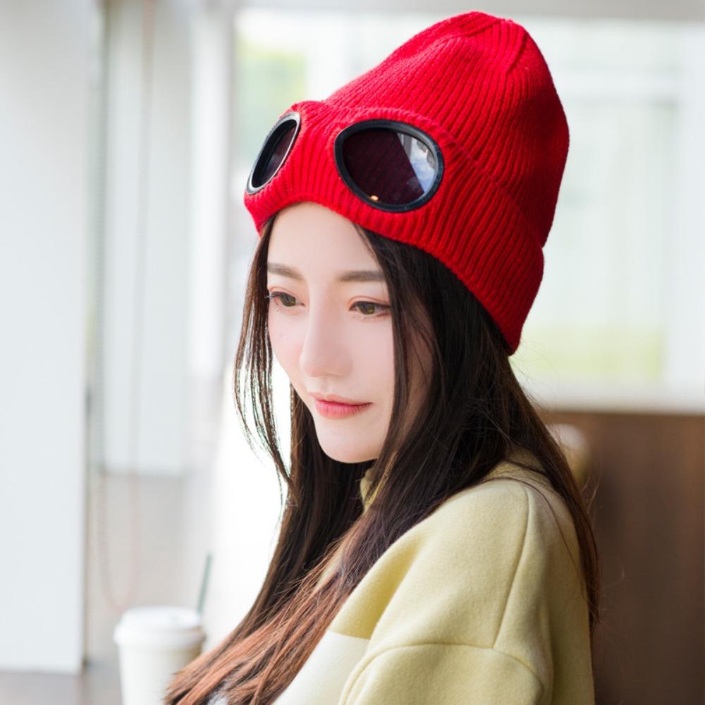 

Glasses wool cap fleece thickened knitted cap pilot sunglasses multi-purpose cap men and women winter skiing cycling cold One size fits all красный