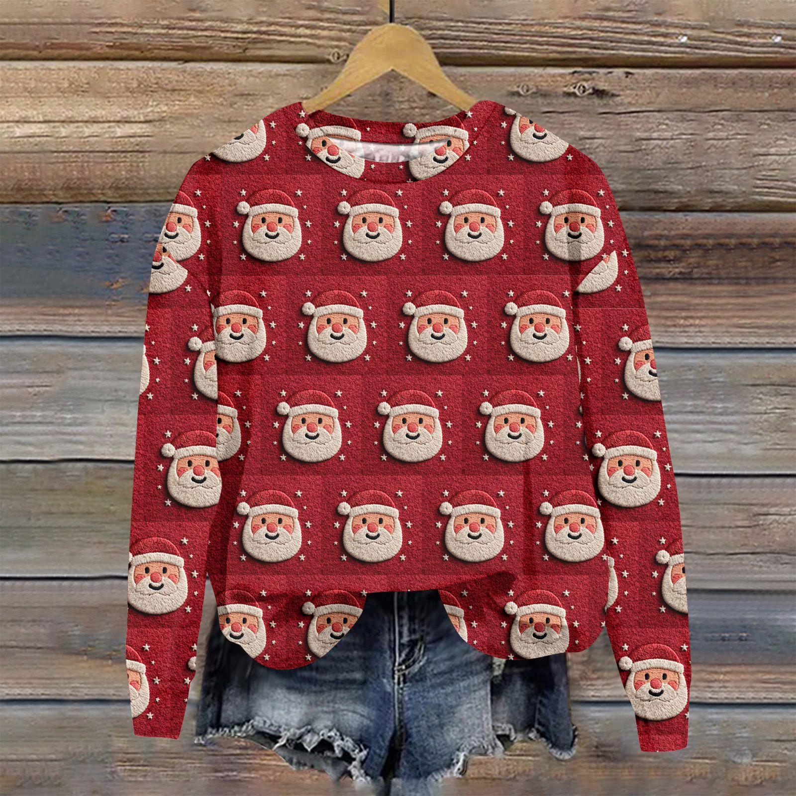 Women s Fashion Printed Long Sleeve Loose Round Neck Sweatshirt Top Fall XL винный