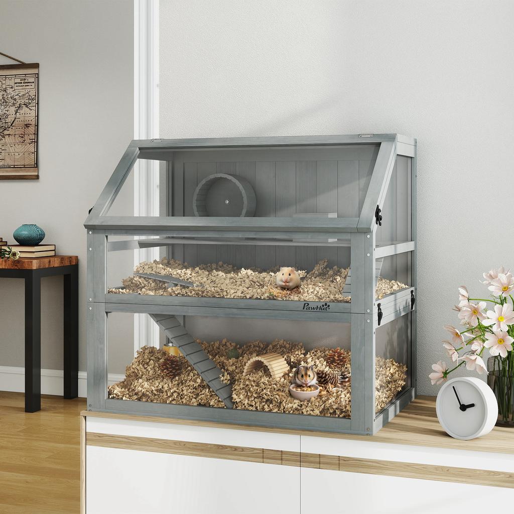 Holz Hamsterkäfig, 3 Etagen mit tiefem Boden, herausnehmbare Etagen, für Kleintiere, 80x50x76cm, hellgrau