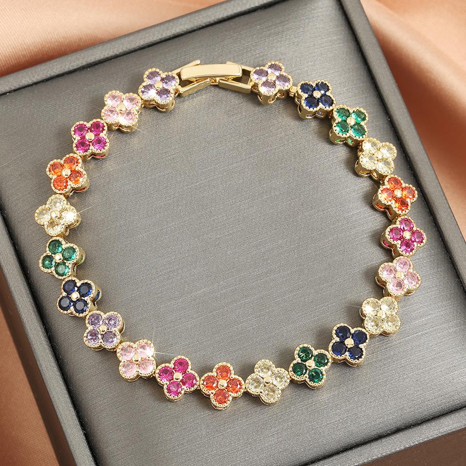 Luxury Brilliant Colorful Zircon Flower Bracelet for Women Vintage  Party Bracelet Jewelry