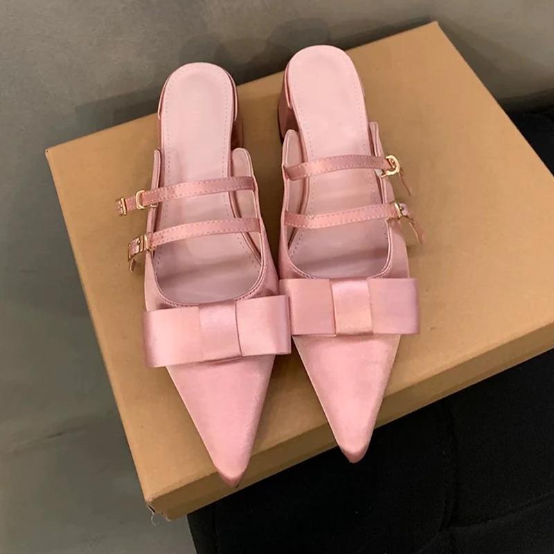 

Женские шлепанцы с острым носком, с бантом, сексуальные, элегантные туфли на каблуке, модные туфли-лодочки для платья, женские сандалии 2025 лето, новые zapatos de mujer 35 розовый