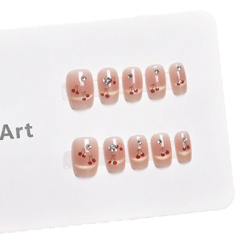 Spring and summer new cat's eye French cherry wearing armor white short cute three-dimensional cherry nail patch nail piece