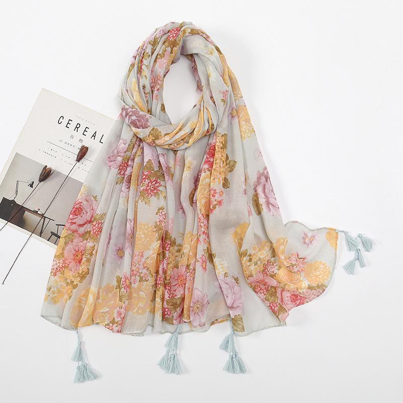 Stort Boho skjerf for kvinner Lett blomstertrykkskjerf Høst Vinter Mote Frynsede sjalomslag, 60 farger