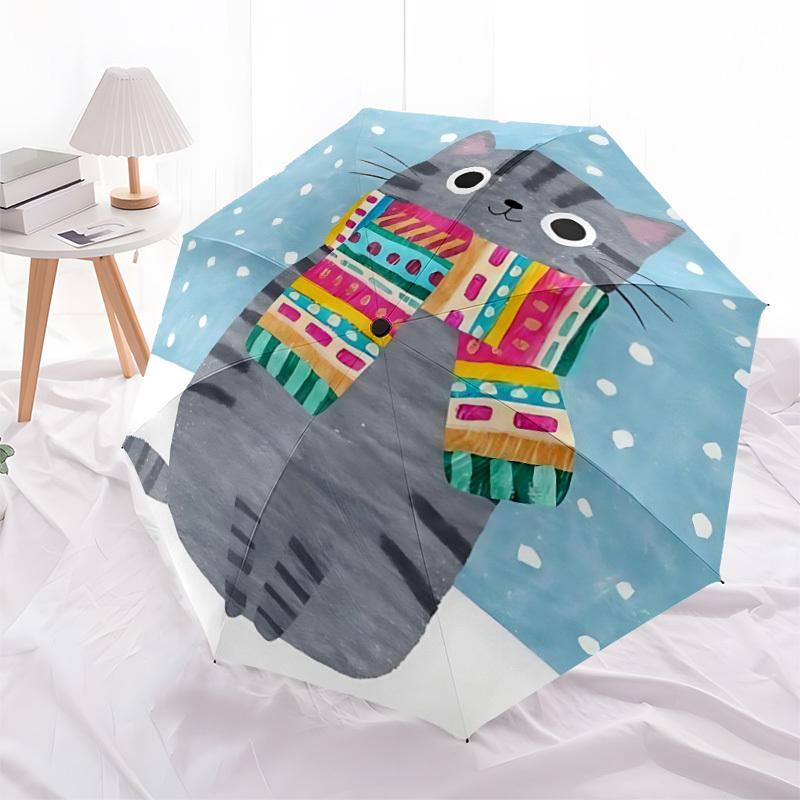 1pc Winter Cat Automatic Open/Close Umbrella with One-Touch Button, Compact Folding Canopy, Sturdy 8-Rib Windproof Design S28