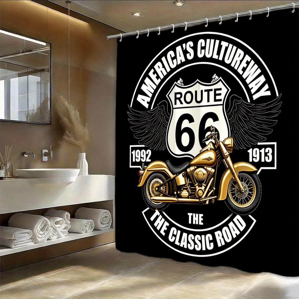Route 66 Motorcycle Shower Curtain Retro American Highway Design With Chrome Bike And Wings Shower Curtain With Hook