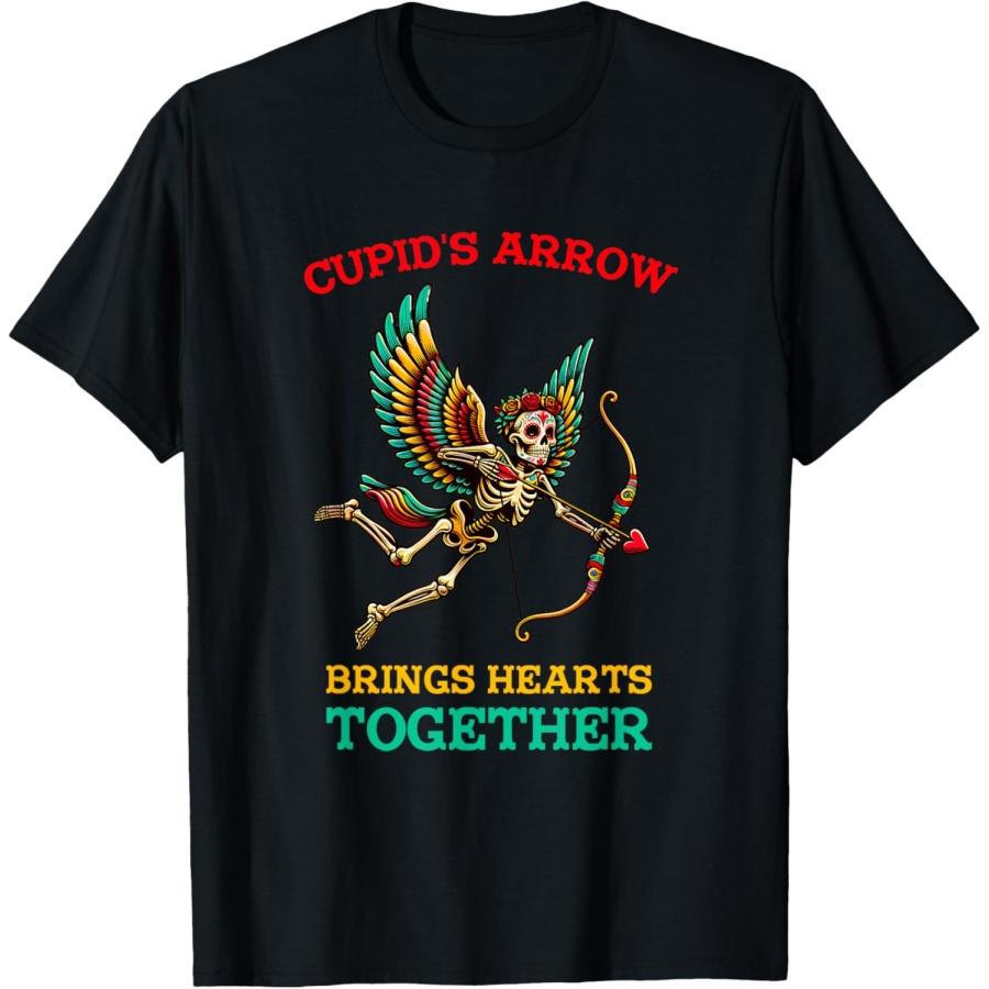 Cupids Arrow Brings Hearts Together Colorful Skeleton Art T-Shirt(1) S