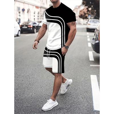 Traje de Verano Nuevo para Hombre 2024 Shorts Deportivos para Correr al Aire Libre Moda Urbana Casual Suelto Cómodo Camiseta Estampado de Líneas y Estrellas