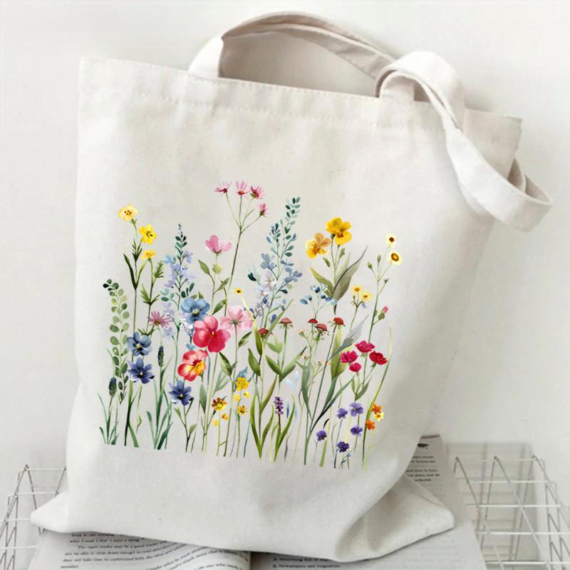 Woman's Shoulder Bag Wildflowers Pattern Tote Bags Canvas Shoulder Bags for Travel Daily Commuting Women's Reusable Shopping Bag