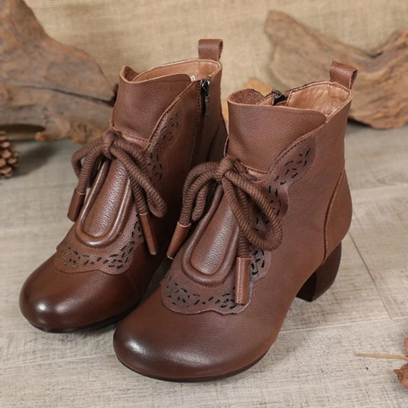 Women'S Leather Boots Ethnic Style Retro Mom Short Boots Soft Bottom Round Head Leisure Non-Slip Shoes