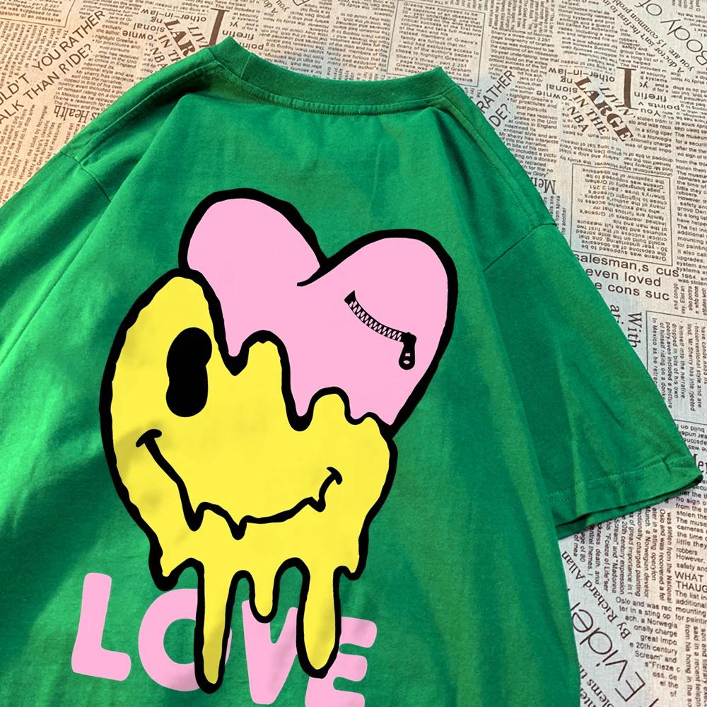 Melting Happy Face And Hurting Heart T-Shirts Couple Breathable O-Neck Tshirt Loose Clothes Oversized Summer T-Shirts Cotton Tee