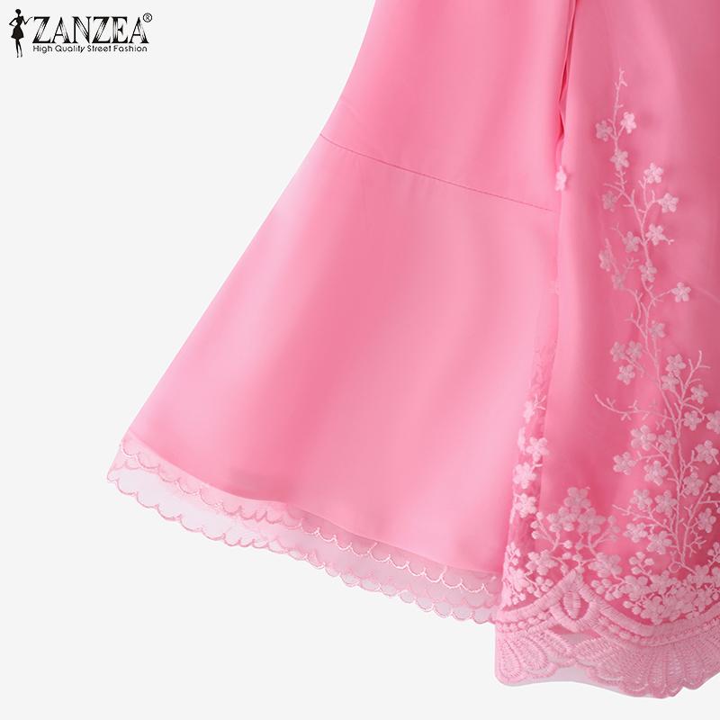 ZANZEA Women Casual Embroidery Mesh Patchwork Loose 3/4 Sleeve Blouse