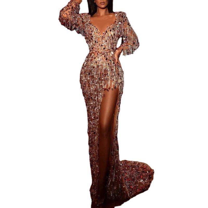 Women Sexy Party Evening Dress Women's Sexy Sequin Long Sleeves Banquet Dress Large Swing Dress