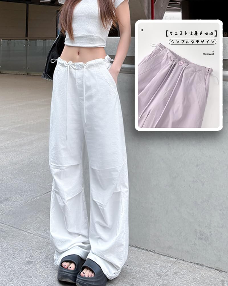 LUJPOIR Cargo Long Pants with Elastic Waist and Adjustable Relaxed Loose Solid Color White Size M Women's Pants, Drawstring, Fit, Casual, Fit, Spring,