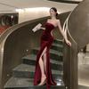 New Elegant and Sexy Velvet One-shoulder Evening Gown with Padded Cups Rhinestone Decoration High Slit Cut Out Mermaid Style Formal Party Long Dress