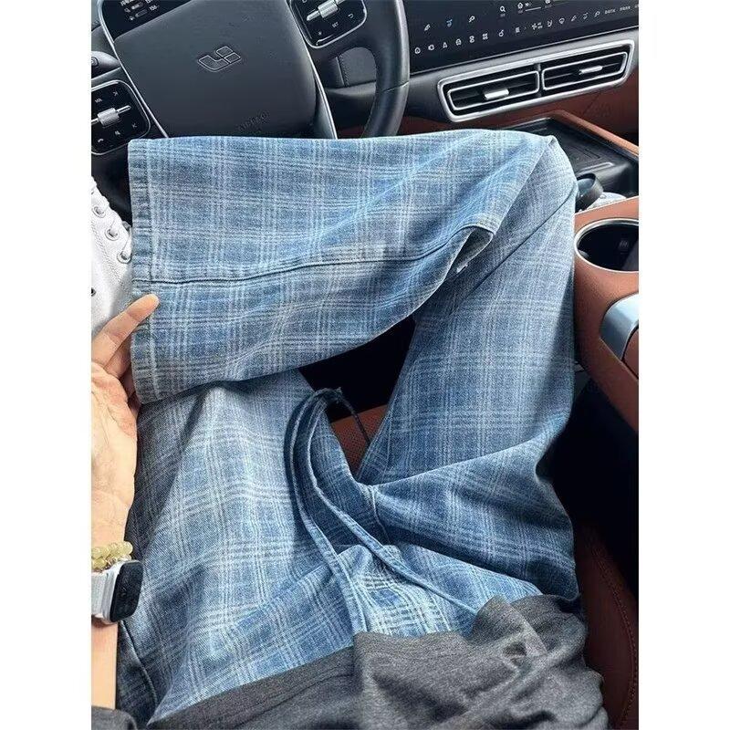 Джинсы JYL Унисекс Широкие Светло-синий Клетка Корейские Свободные Стиранные Прямые Деним L бездна