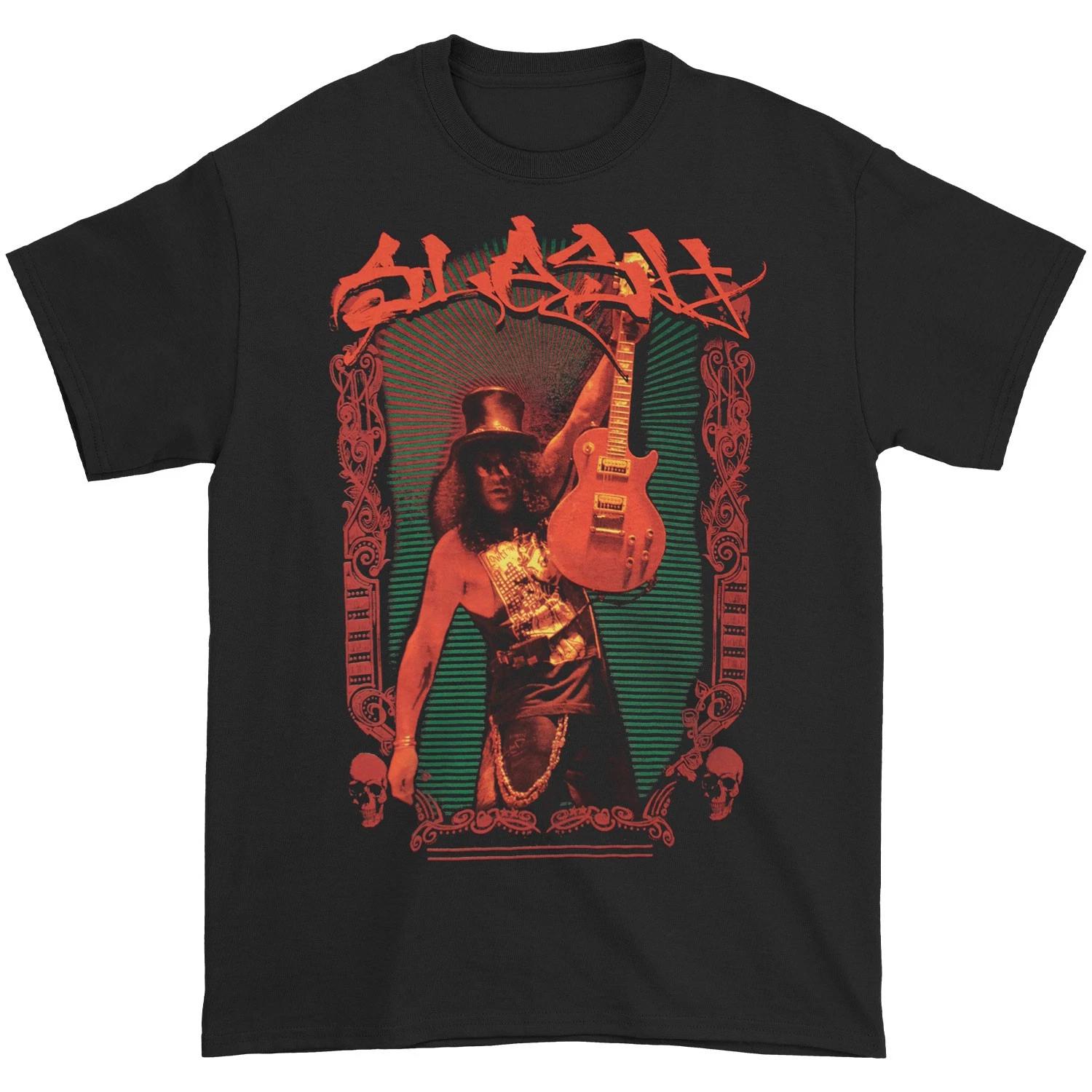 Men s Slash Ornate Frame With Holding Up Guitar Photo T-shirt Small Black M