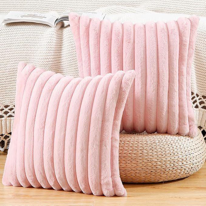 4PCS Soft Plush Pillowcases, Solid Color Striped Faux Rabbit Fur Pillowcases, Living Room Sofa Cushion Covers