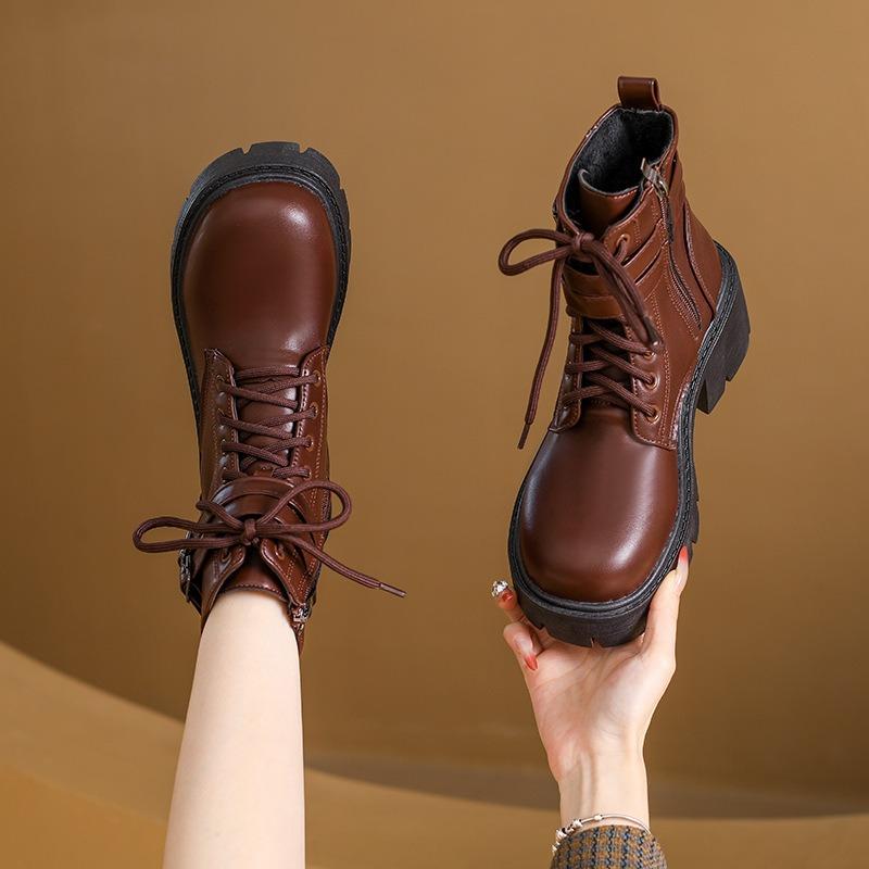 Vintage Platform Belt Buckle Mid-heeled Martin Boots 2025 Winter New Plus Size Thick-heeled British Style Boots for Women