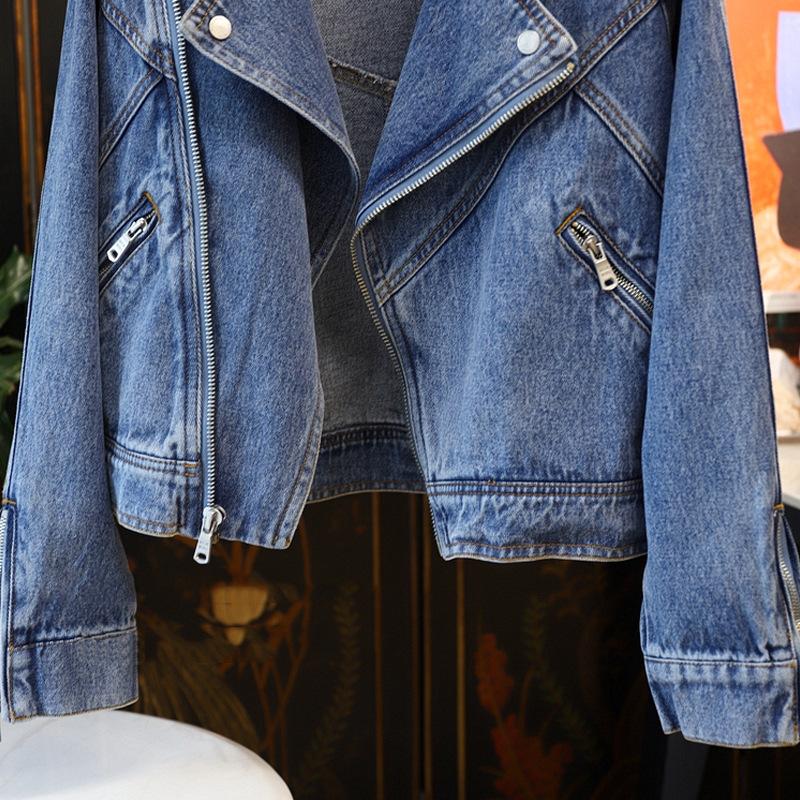 Spring Autumn Women Denim Jacket Casual Moto Biker Coat Vintage Zipper Jacket