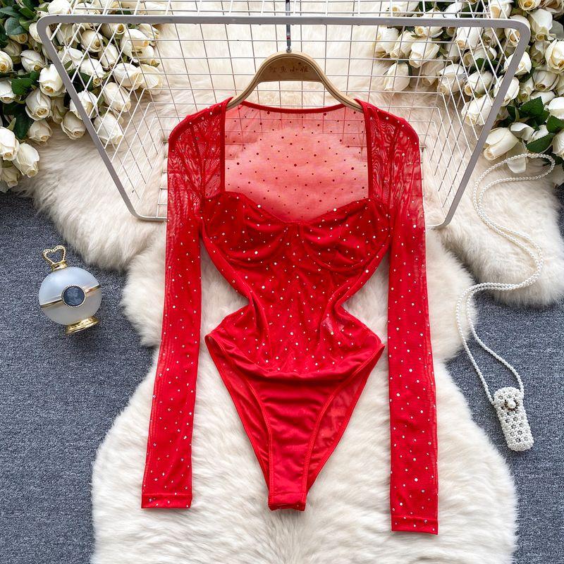 

Fashion Jumpsuit Women s 2024 Early Spring New Arrival Accessible Luxury Hot Drilling Long Sleeves Slim Fit Inner Wear Sheer Mesh Jumpsuit Red L