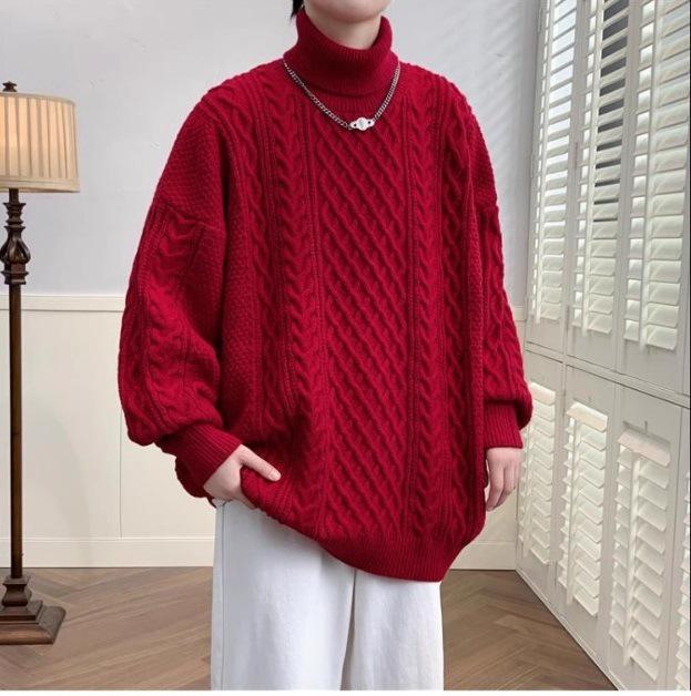 

Unisex Year of the Rat High Neck Cable Knit Sweater – Autumn Winter Casual Loose Fit Sweater L червоний