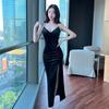 Elegant French V-Neck Spaghetti Strap Golden Velvet Slit Dress for Women - 2026 Autumn/Winter Collection
